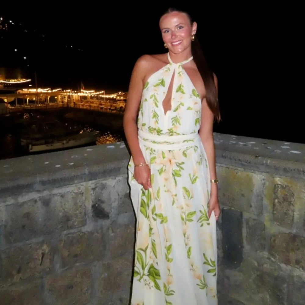 Farm Rio Cream Floral Boho V Neck Tie Back Adjustable Halter Maxi Dress Gown M